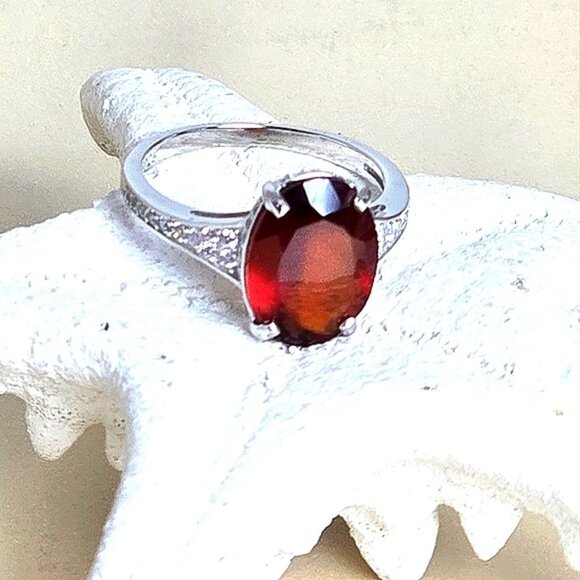 925 Sterling Silver Ring with Natural  Hessonite Garnet Gem & CZ - Picture 2 of 16